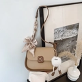 Minimalist khaki PU saddle bag with vintage brown buckle and striped silk scarf wrap - With Pendant / Khaki