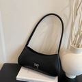 Borsa a spalla nera minimalista a mezzaluna con fiocco argentato in pelle sintetica PU - Nero