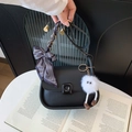 Black leather small square crossbody bag with striped scarf and plush monster charm - With Brown Shoe Elf Pendant / Black
