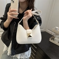 Minimalist white crescent hobo bag with gold pyramid buckle and handle detail - White