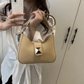 Minimalist beige crescent hobo shoulder bag with a gold decorative square buckle - Khaki