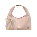 Pink matte leather dumpling bag with cat paw metal trim and pearl bow charm - Pink With Pendant