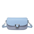 Light blue contrast stitching crossbody bag with silver D-ring buckle on white background - Blue