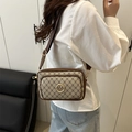 Retro monogram crossbody bag with dual zipper compartments and wide strap in dark brown - Gray