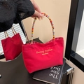Lindo bolso de lona roja con asa de cuentas de colores y bordado de moda amarillo - Rojo