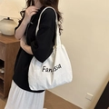 Large white canvas tote bag with black Fantassa print and drawstring detail - White