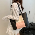 Three-color patchwork tote bag in black, beige, and pink PU leather for daily commute - Pink