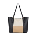 Three-color patchwork faux leather tote bag with black, cream and khaki panels - Khaki