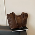 Dark brown minimalist tote bag with vintage pleated leather texture and long straps - Brown