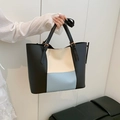 Three-color patchwork tote bag in black, off-white and sky blue with gold buckles - Blue