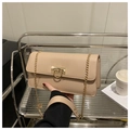 Detail of beige rectangular handbag with golden chain strap and D-ring metal buckle lock - Khaki