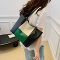 Three-color patchwork tote bag in black, off-white and green with adjustable straps - Green