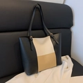 Minimalist tote bag featuring a chic black, cream, and khaki tricolor patchwork design - Khaki