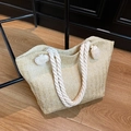 Minimalist straw tote bag with beige V-pattern and white cotton rope handles - White