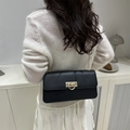 Minimalistische schwarze Leder-Umhängetasche mit goldenem Hufeisenverschluss am Model - Schwarz