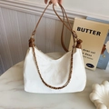 Minimalist white pleated tote bag with brown straps and metal chain for women - Off White