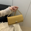 Mustard yellow stone pattern handbag with crocodile texture and gold chain strap - Yellow