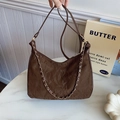 Minimalist coffee brown half-moon tote with pleated texture and golden chain - Brown