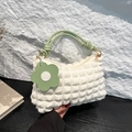 White ruched cloud handbag with avocado green knotted handle and flower charm detail - White & Green