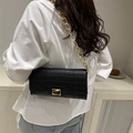 Elegant black faux crocodile shoulder bag with chunky gold chain strap and square buckle - Black