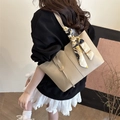 Elegant beige faux leather tote bag for women with decorative printed silk scarf on handle - Khaki