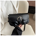 Details einer glänzenden schwarzen Ledertasche mit goldener Hufeisenschnalle vorne - Schwarz