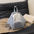 Silver metallic pleated backpack with minimalist geometric design and top handle - Silver