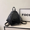 Modern black pleated backpack for women with geometric triangle shape and PU leather texture - Black