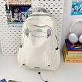 Zaino campus beige minimalista di grande capacità con cuciture grigie a contrasto e logo - Senza Ciondolo / Bianco