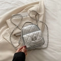 Mini silver quilted backpack with metallic finish and leather chain strap for women - Silver