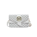 White French-style baguette bag with grey M-letter prints and golden metal buckle - White
