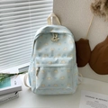 Light blue canvas backpack with cute cat and bow pattern for students - Blue