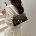 Dark brown faux crocodile leather baguette bag with a signature golden U-shaped buckle - Dark Brown