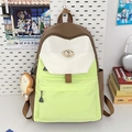 Brown and light green patchwork student backpack with cute plush toast pendant - Brown & Green With Bread Pendant
