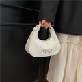 White crescent handbag with marble texture and silver metal bow ornament detail - White
