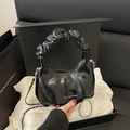 Glossy black pleated cloud bag with stylish silver chain strap and wide top handle - Black