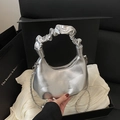 Silver metallic pleated handbag with scrunchie handle and stylish chain strap - Silver