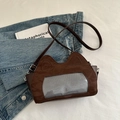 Dark brown cat-eared crossbody bag with transparent mesh window and adjustable strap - No Pendant / Brown