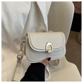 Primer plano detallado del bolso cuadrado crema con textura de piel y hebilla dorada - Blanco