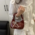 Elegant wine red pleated handbag with pearl bow and heart charm for women - Red With Pearl Pendant