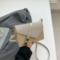 French vintage beige flap crossbody bag with woven texture and gold twist lock clasp - Khaki
