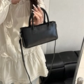 Minimalist black square crossbody bag with embossed fashion text and silver hardware - Black