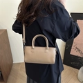 Minimalist khaki PU leather square handbag with top handles and adjustable strap - Khaki