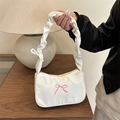 Bolso baguette blanco con bordado de lazo rosa y correa fruncida de estilo retro - Blanco