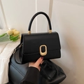 Classic black leather-textured small square bag with elegant gold metal buckle and handle - Black