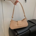 Minimalist beige half-moon shoulder bag with golden crescent buckle and knotted straps - Khaki