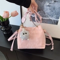 Pink pleated bucket bag with plush monster charm and matching top handle strap - With White Eye Pendant / Pink