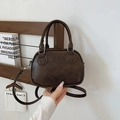 Retro dark brown bowling bag with embossed texture and adjustable shoulder strap - Coffee Without Pendant