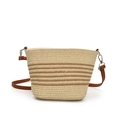 Stroh-Umhängetasche in Eimerform mit braunen Streifen und Lederriemen für Damen - Beige Und Khaki