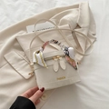 Creamy white box-shaped crossbody bag with a decorative scarf handle and gold zipper - White Without Pendant
